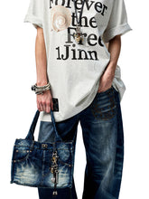 Distressed Printed Denim Tote Bag - CHINASQUAD
