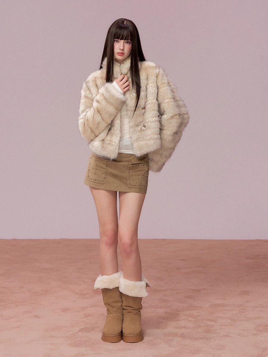 Double-Breasted Faux-Fur Short Jacket