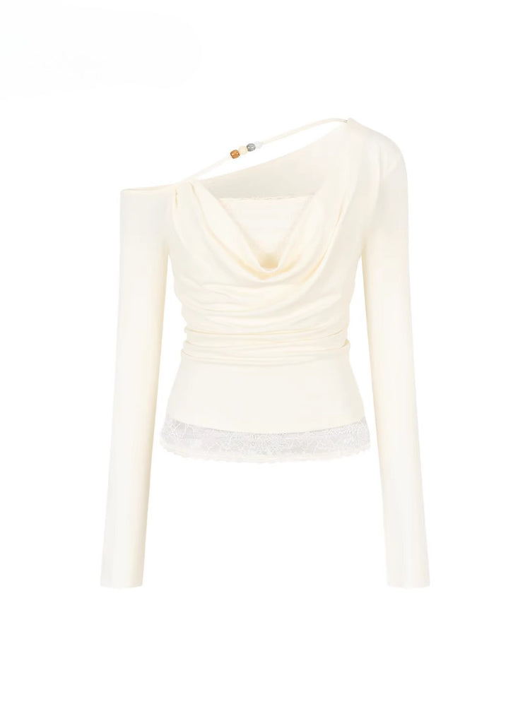 Fake Two-Piece Lace Off-Shoulder Beaded T-Shirt
