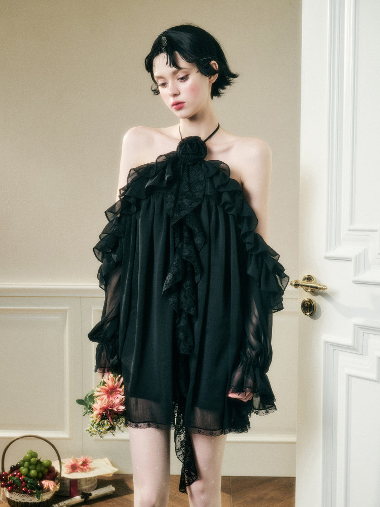 Halter Neck Off-Shoulder Ribbon Dress - CHINASQUAD