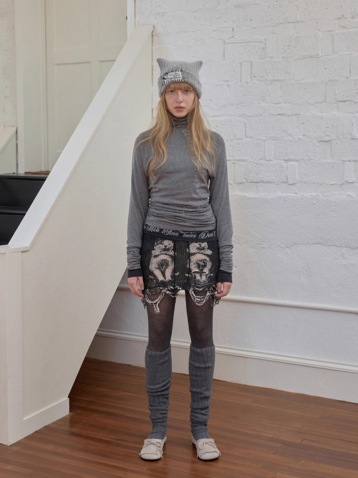 Cat Print Distressed Knit Mini Skirt