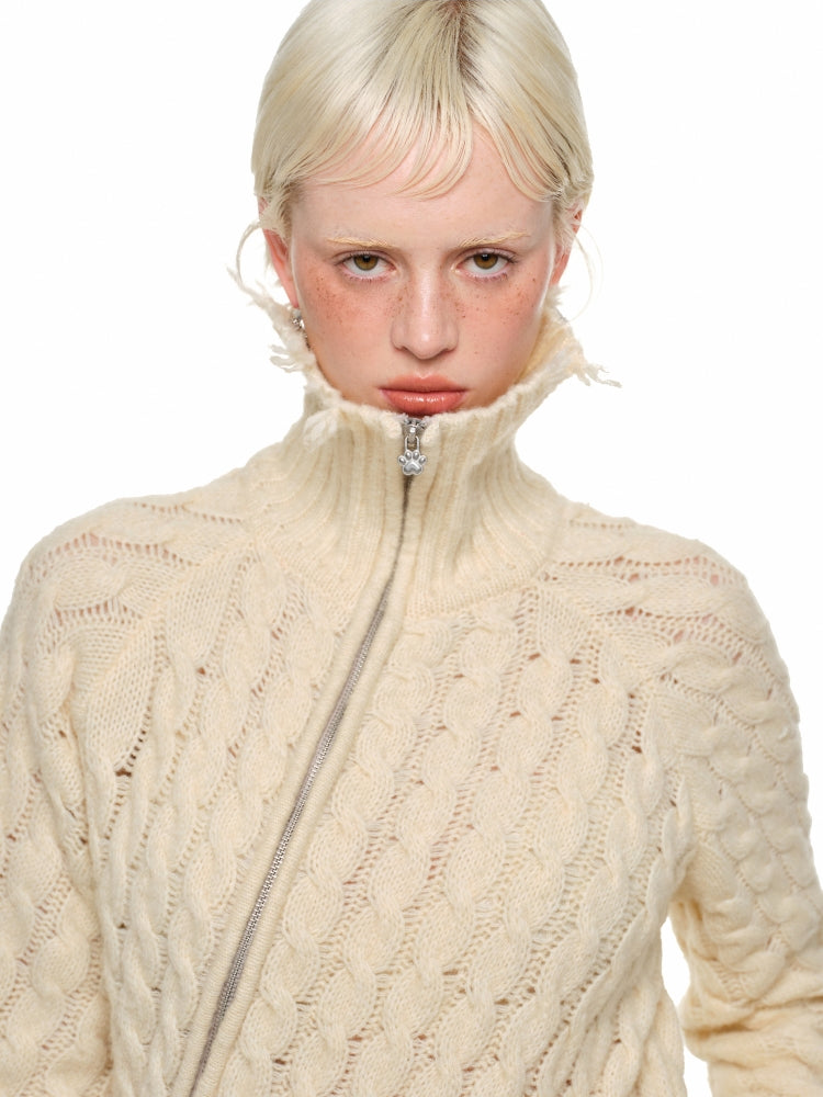 Surlong Cable Slanted Button Placket Knit Cardigan - CHINASQUAD