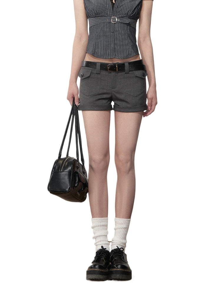 Grey Patch-Pocket Low Waist Suit Shorts - CHINASQUAD