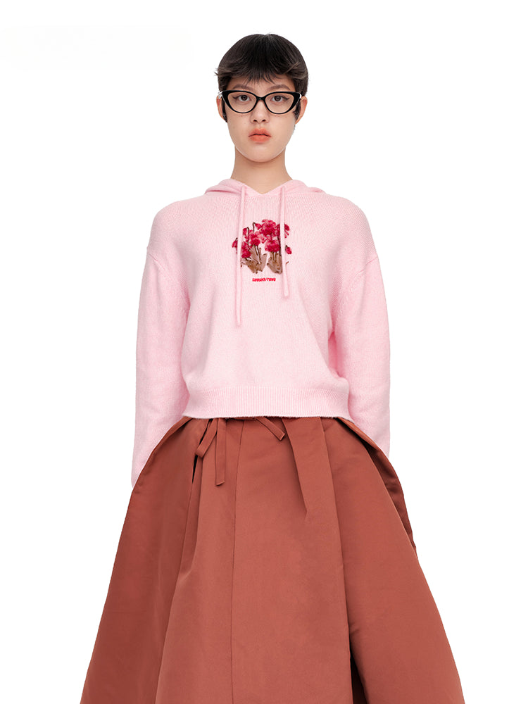 Blue & Pink Floral Embroidery Hooded Knit Sweatshirt - CHINASQUAD