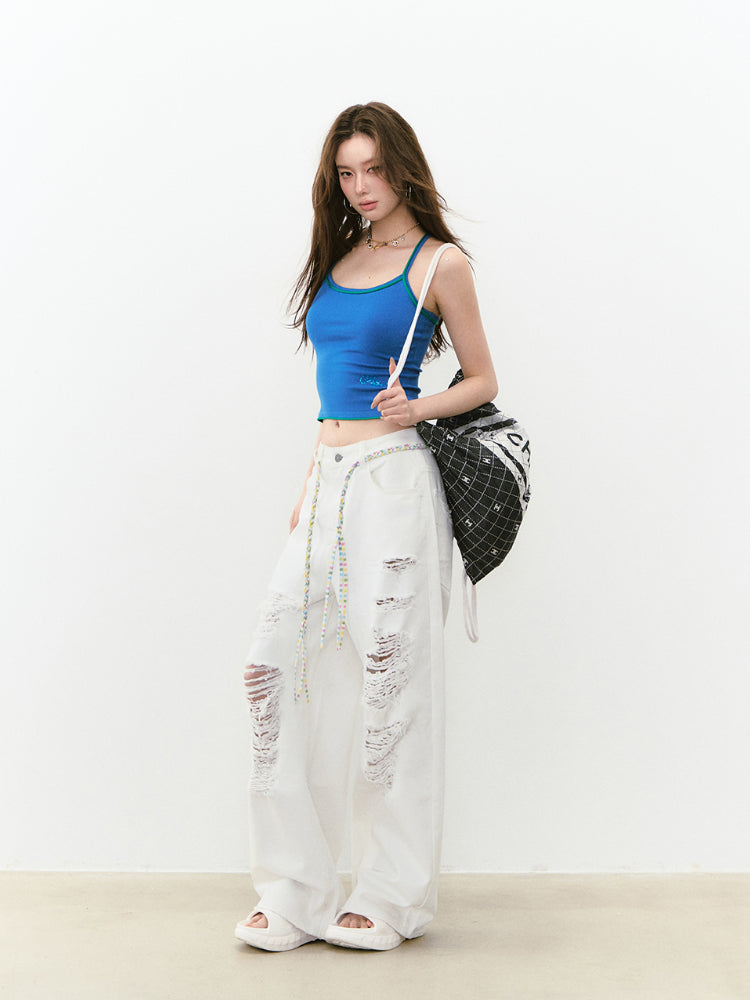 Rhinestone Knit Color-Block Sling Vest - CHINASQUAD