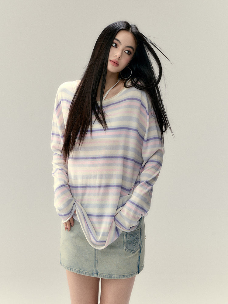 Colorful Striped Woolen Acetate T-shirt - CHINASQUAD