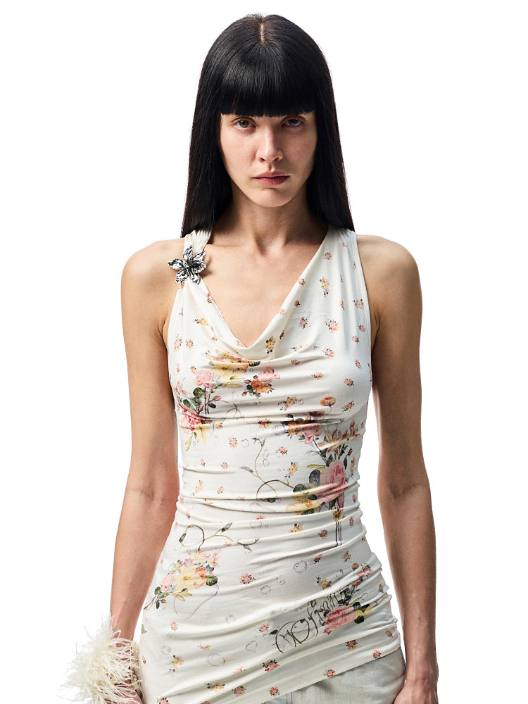 V-Neck Draped Collar Back Knot Tank Top - CHINASQUAD