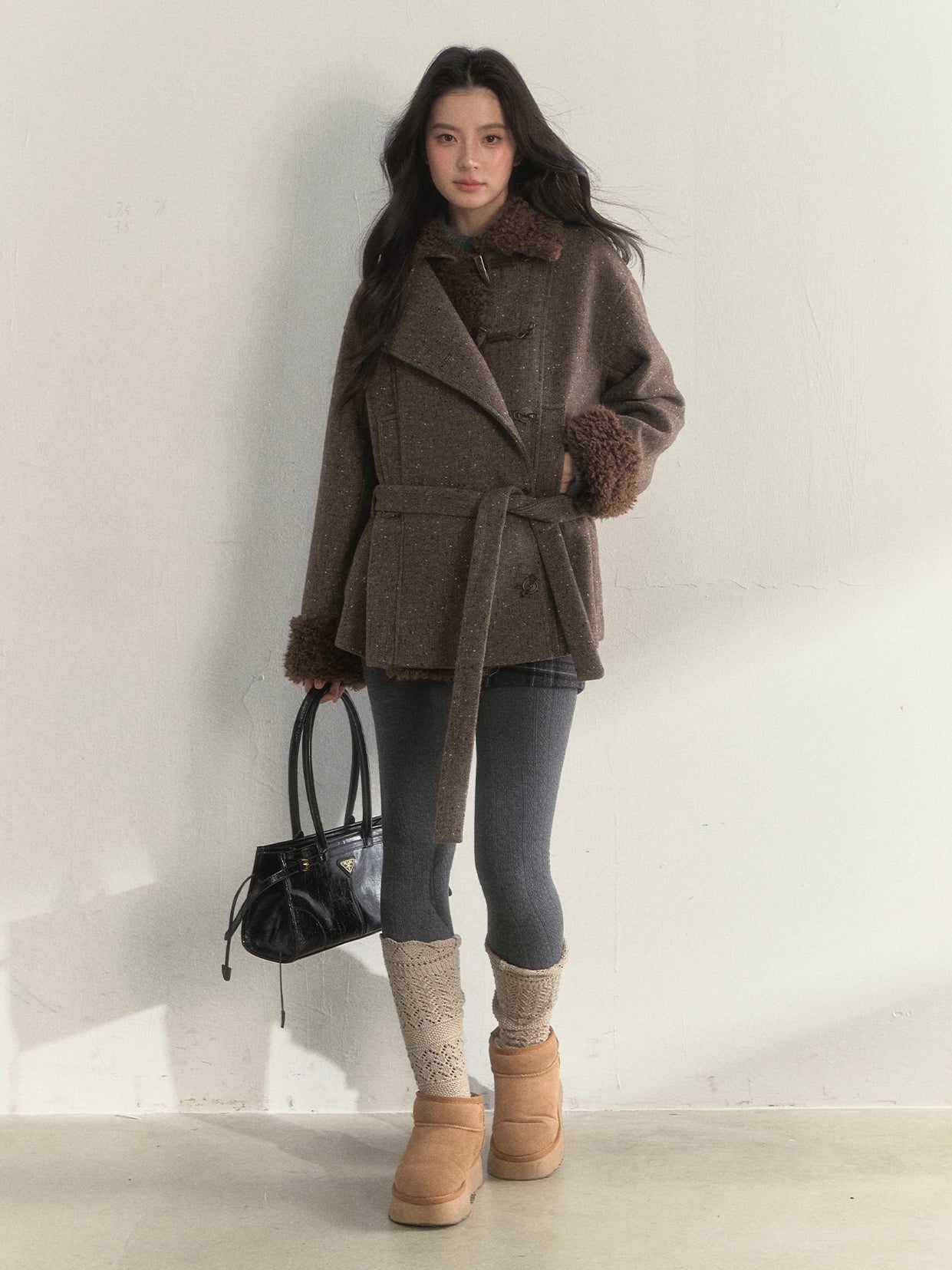 Deep Grey & Brown Wool Blend Fleece-Collar Coat