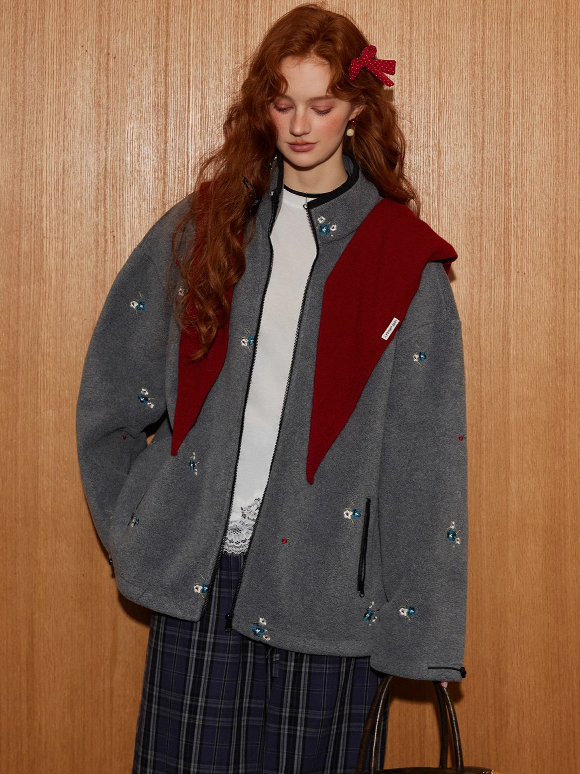 Floral Embroidered Plaid Fleece Oversized Jacket