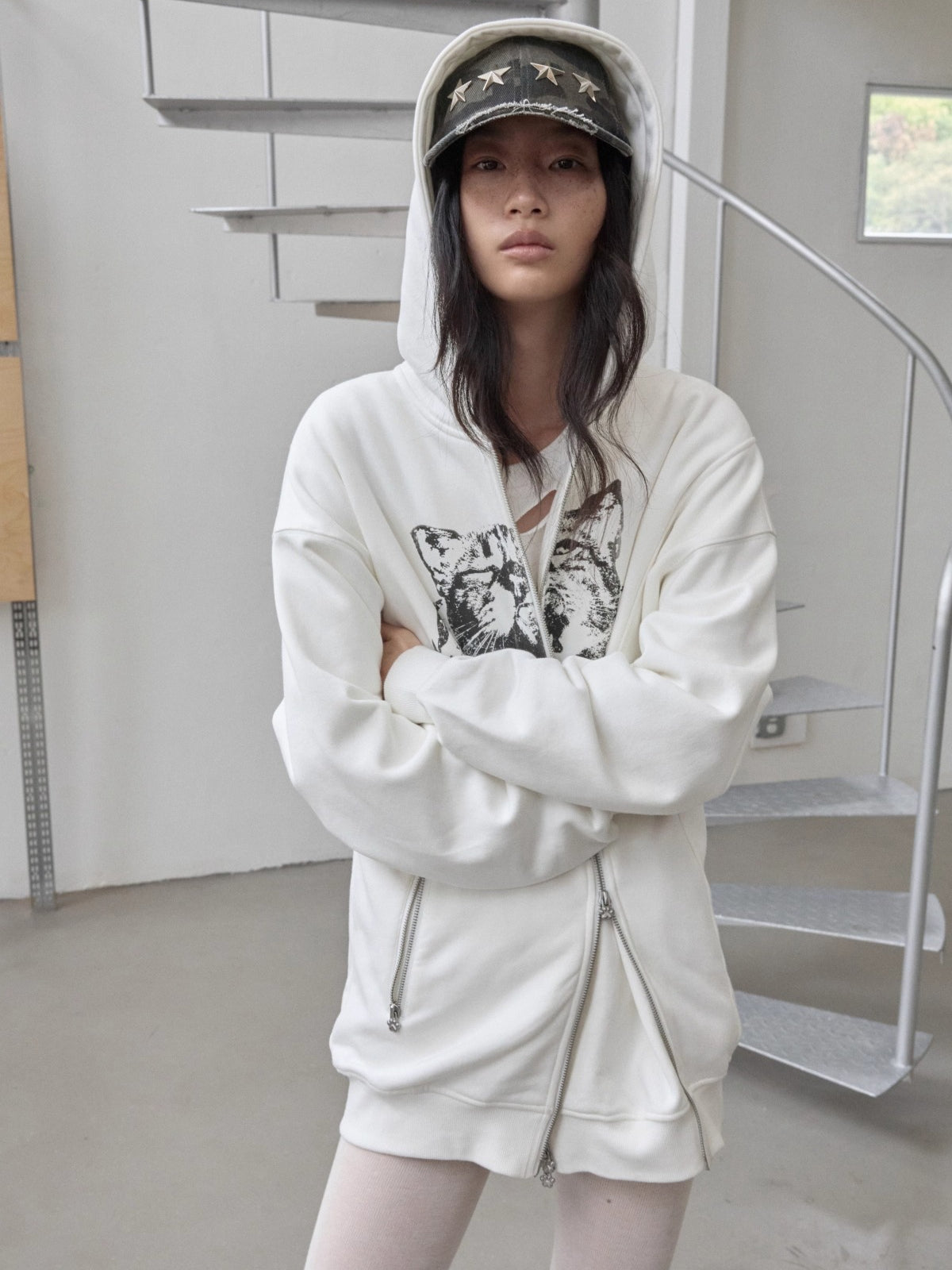 Cat Print Double-Zip Convertible Hoodie - CHINASQUAD