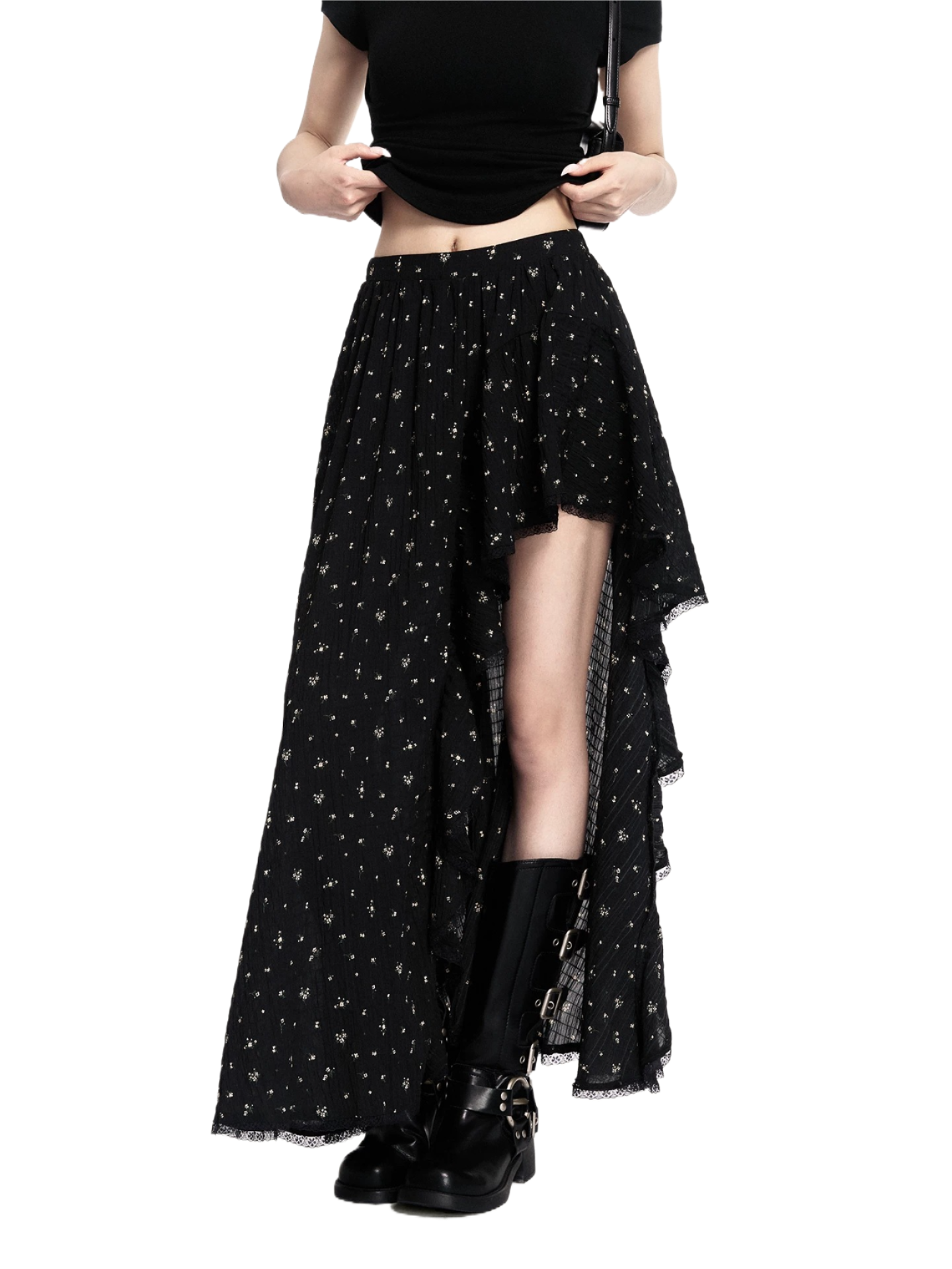 Asymmetric Ruffled Floral Midi Skirt