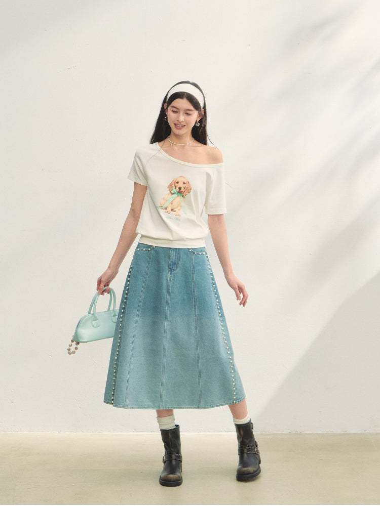 Asymmetric Shoulder Bow Puppy Printed T-Shirt - CHINASQUAD
