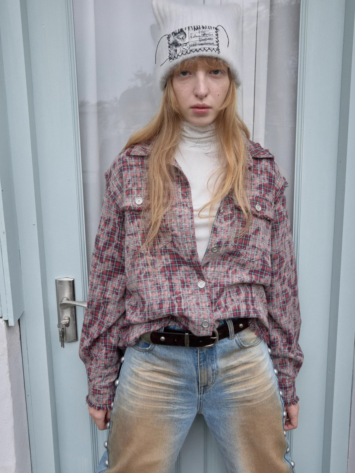 Washed Plaid Frayed-Edge Fitted Shirt