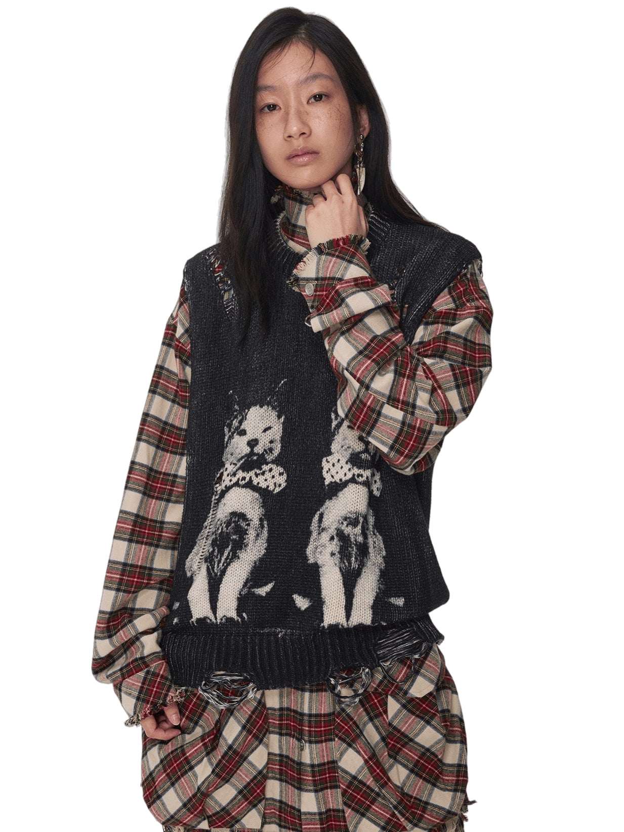 Distressed Cat Jacquard Knit Vest