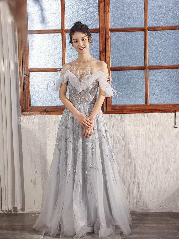 Feathered Scarlet Embellished Off-Shoulder Gown