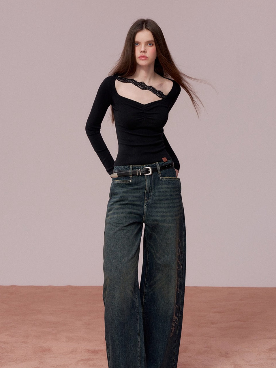 Embellished Rhinestone Vintage Wide-Leg Jeans