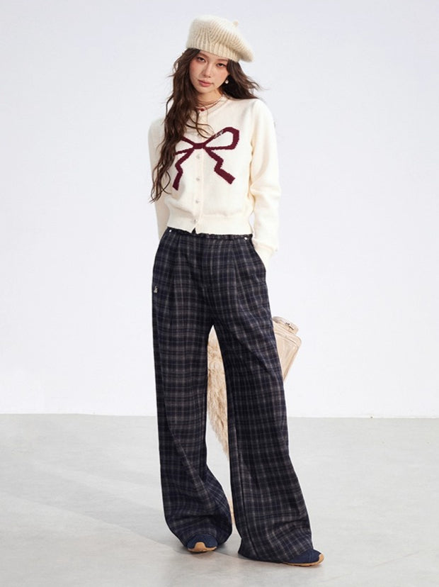 Plaid Fleece-Lined Wide-Leg Trousers