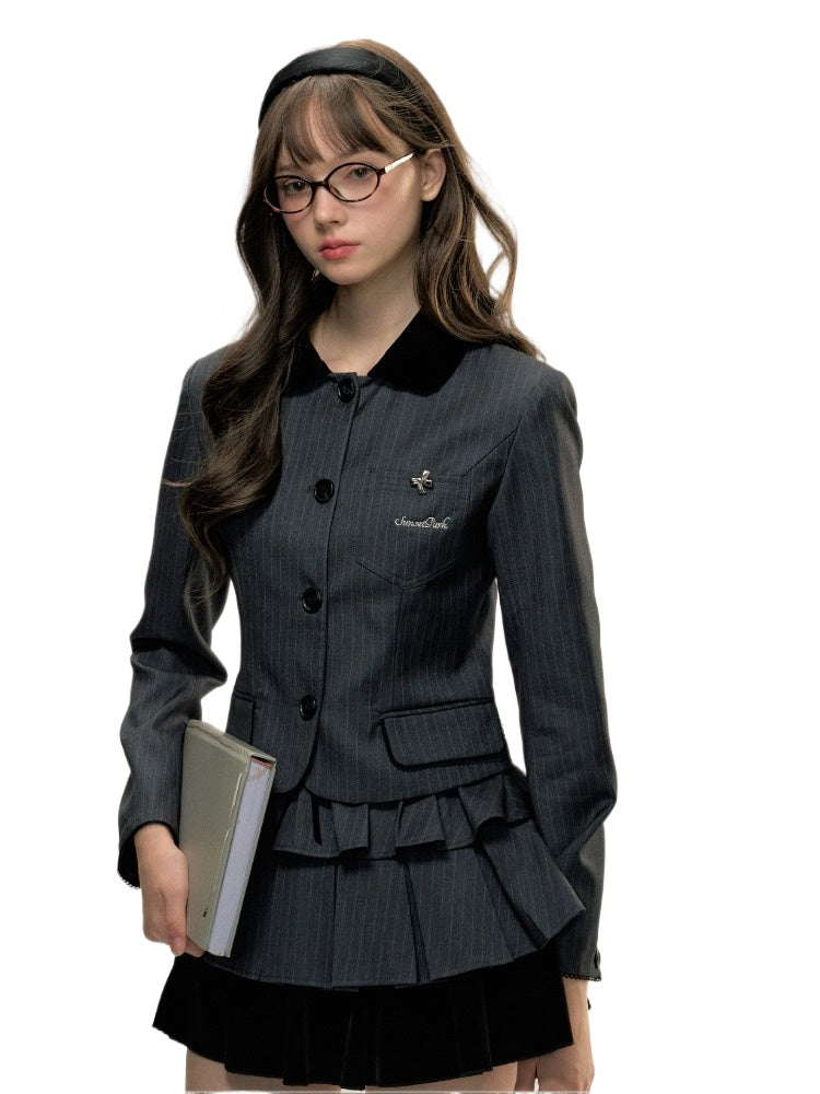 Gray Collar Patchwork Striped Blazer - CHINASQUAD
