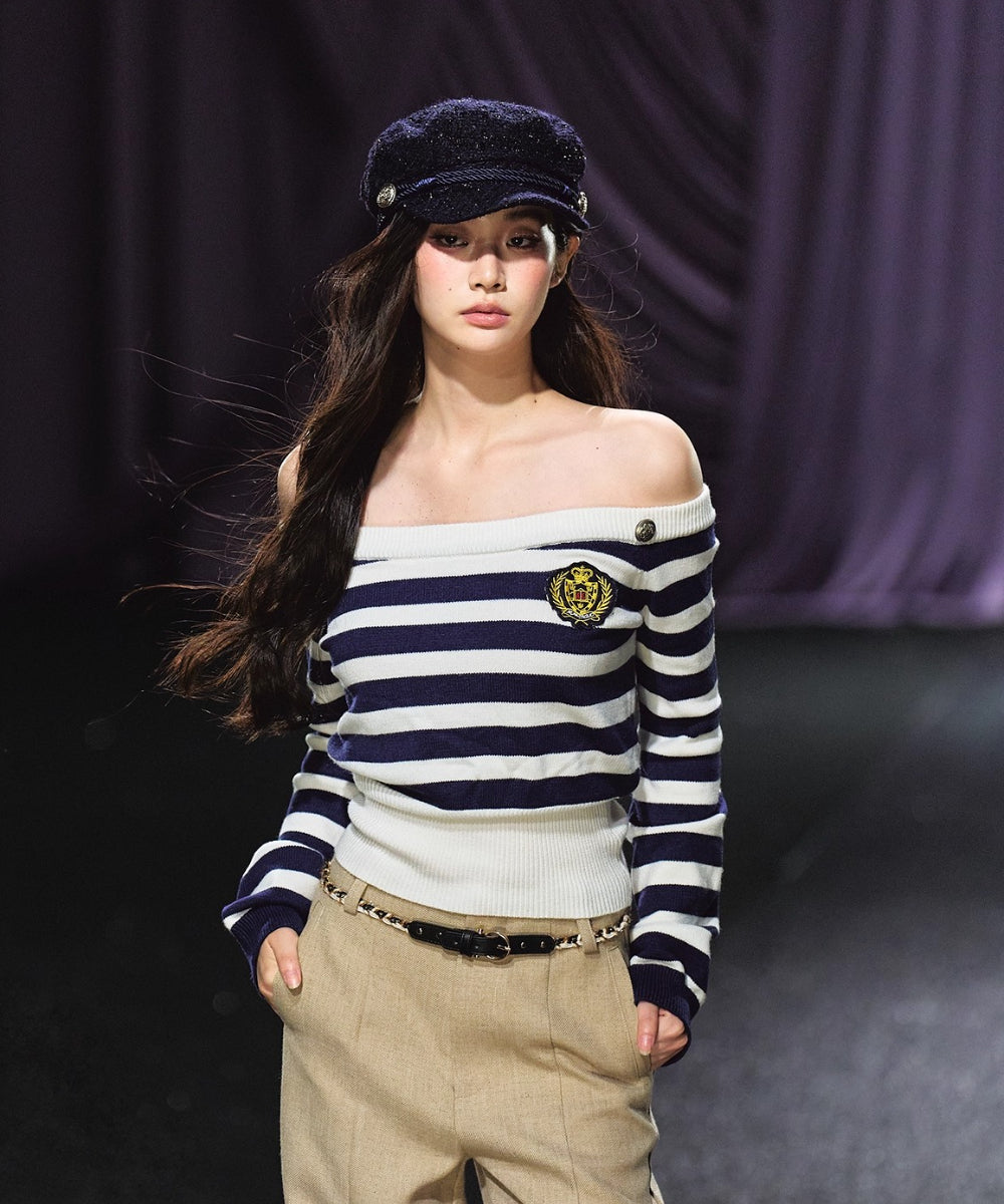 Nautical Stripe Off-Shoulder Knit Sweater - CHINASQUAD