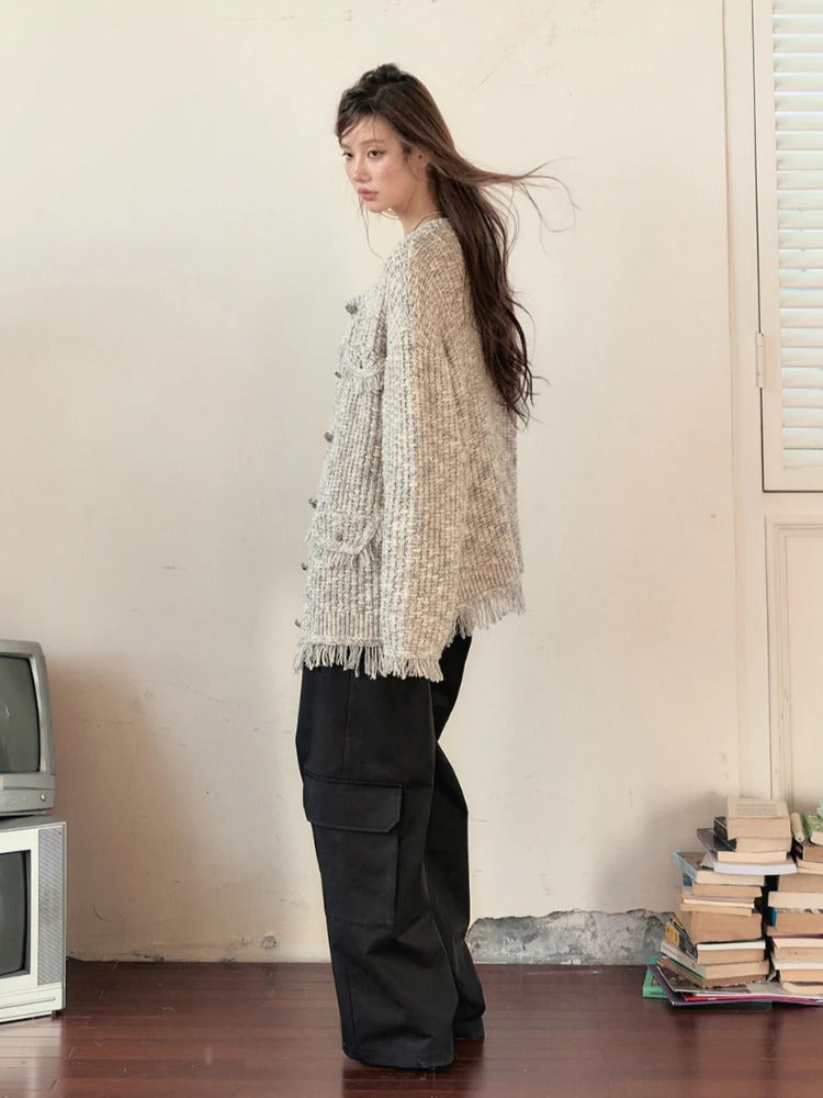 Frayed Edges Wool Mid-Length Knit Cardigan - CHINASQUAD