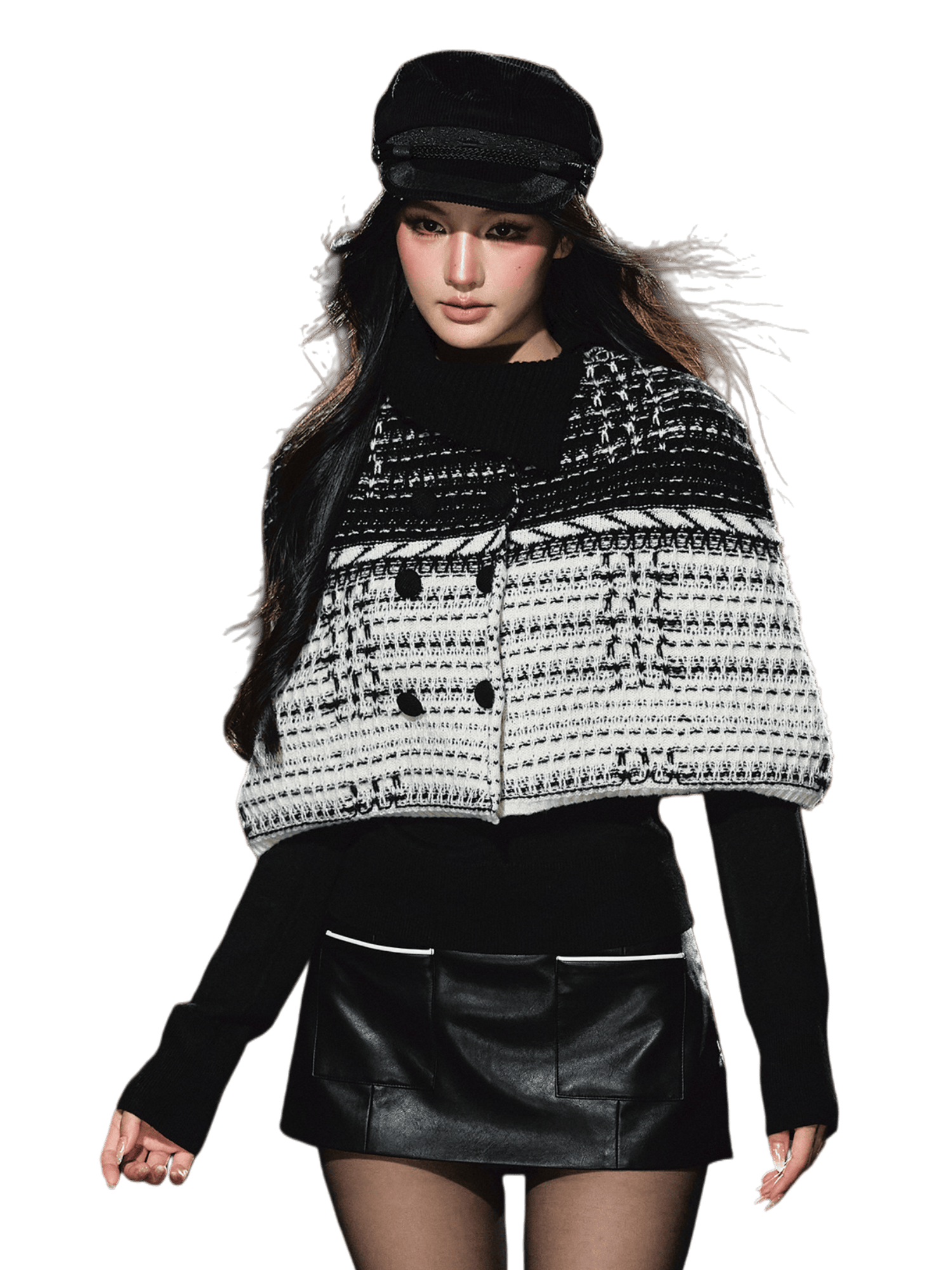 Tweed-Inspired Knit Cape & Crewneck Set