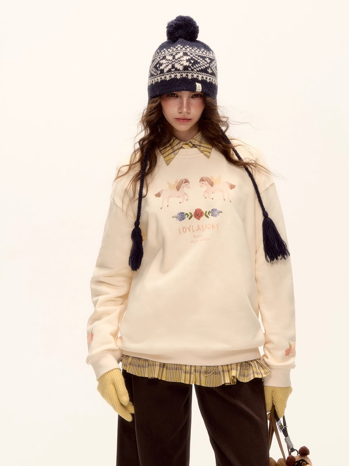 Floral Pony Print Fleece-Lined Pullover Sweatshirt