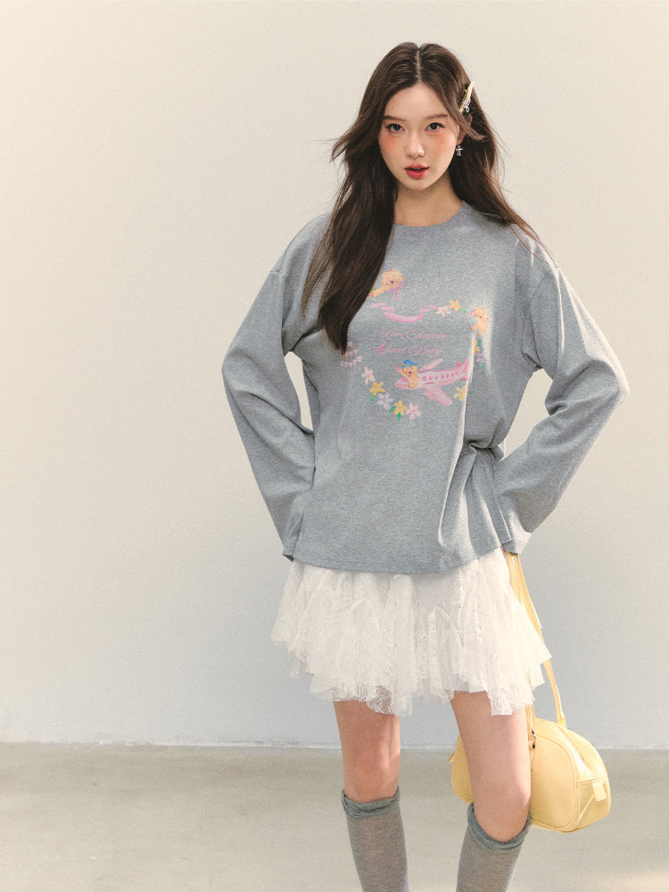 Crew Neck Dog Print Long-Sleeve Tee - CHINASQUAD