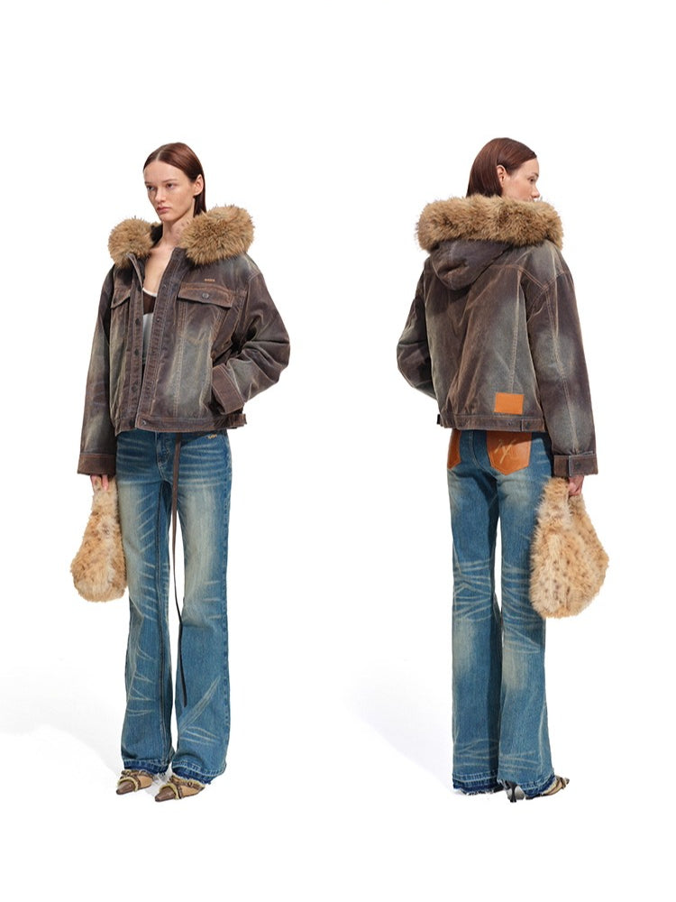 Ross Oversized Washed Eco Fox Fur Collar Denim Jacket