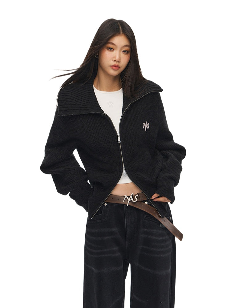 Black Loose Fit Double Zipper Knit Cardigan - CHINASQUAD