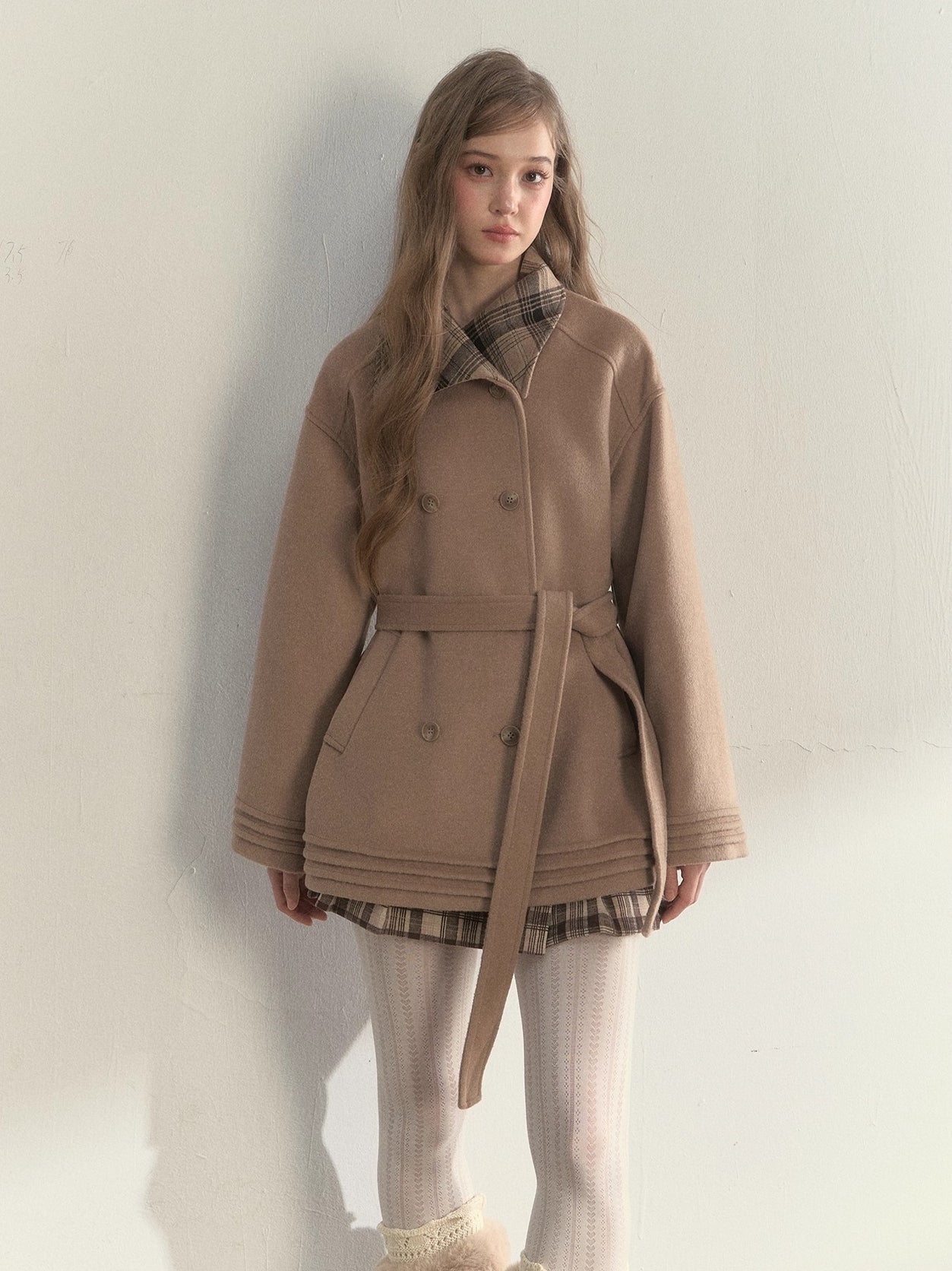 Khaki & Misty Pink Plaid Collar & Belt Wool Coat