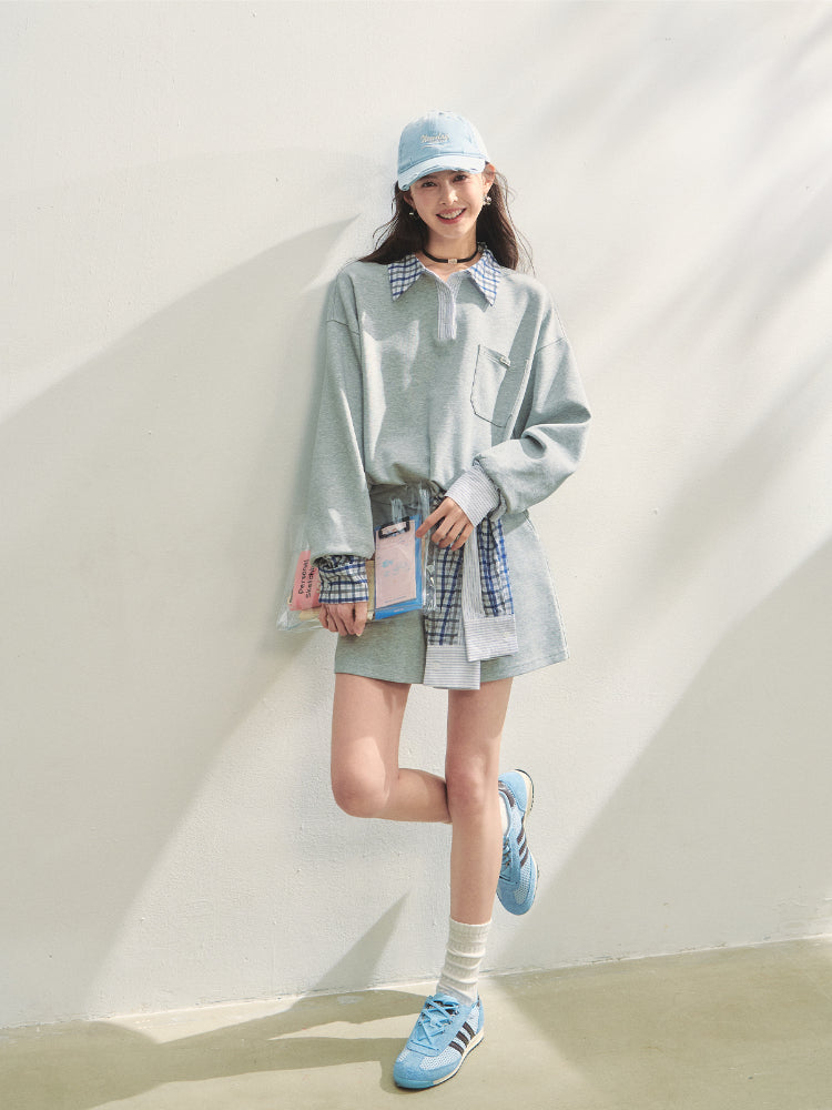 Fake Two-Piece Checkered Shirt Panel Sweatshirt - CHINASQUAD