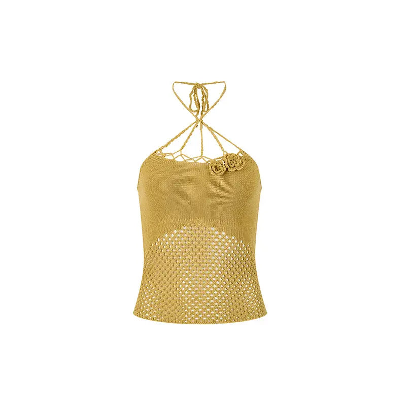 Rose Knitted Hollow Out Spaghetti Strap Tank Top - CHINASQUAD