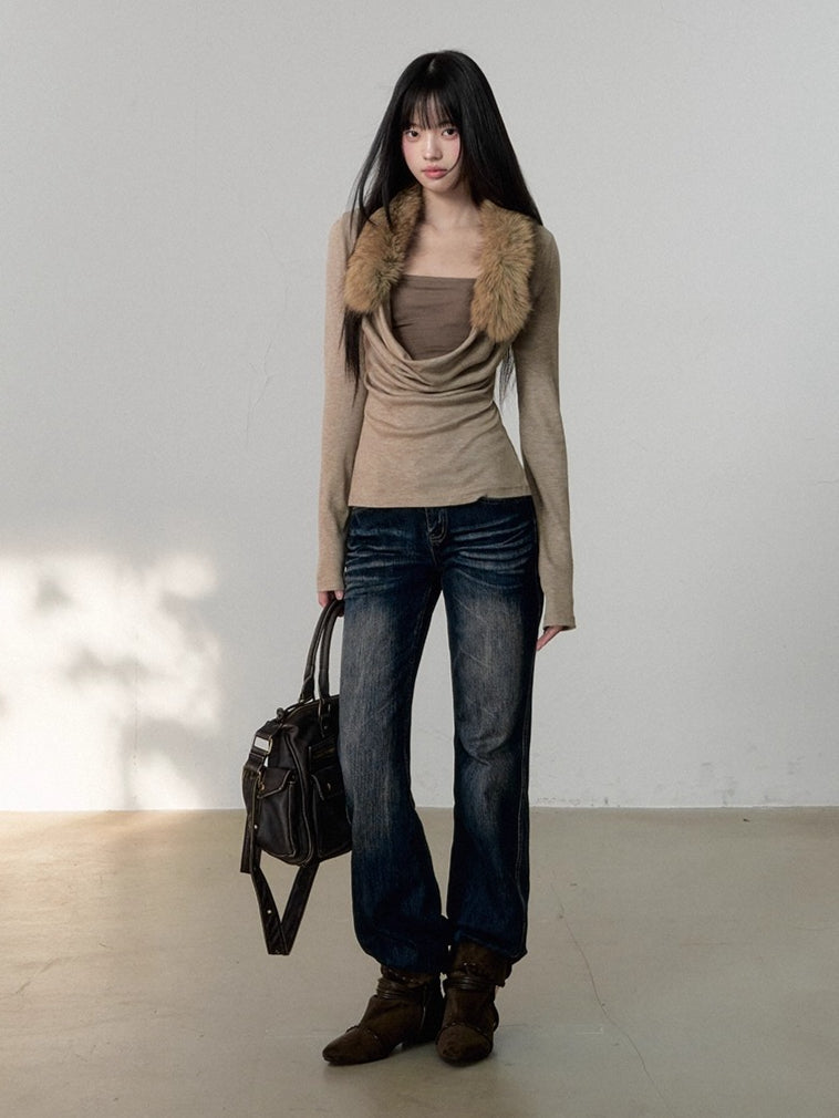 Two-Piece Draped-Collar Knit Crewneck