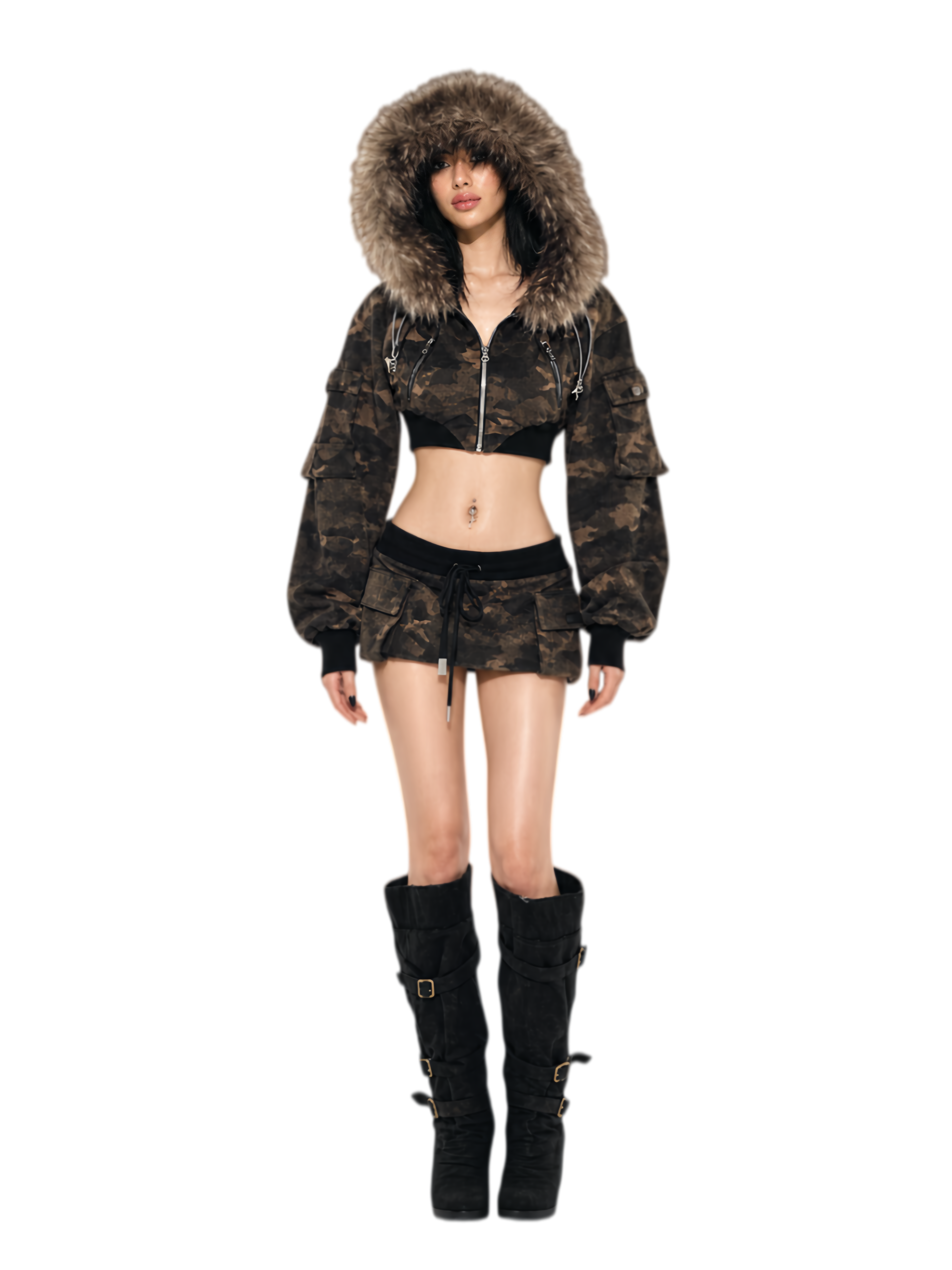 Camouflage Cropped Jacket Skirt Set