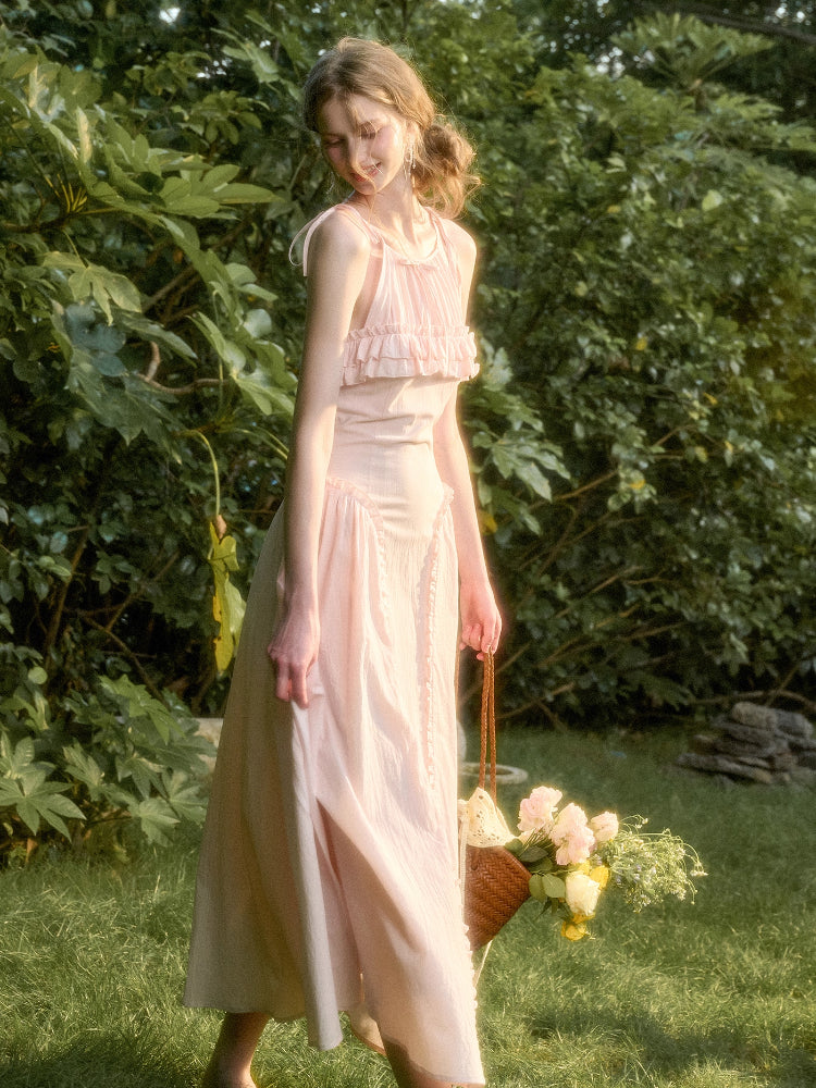 Washed Cotton Halter Long Dress - CHINASQUAD