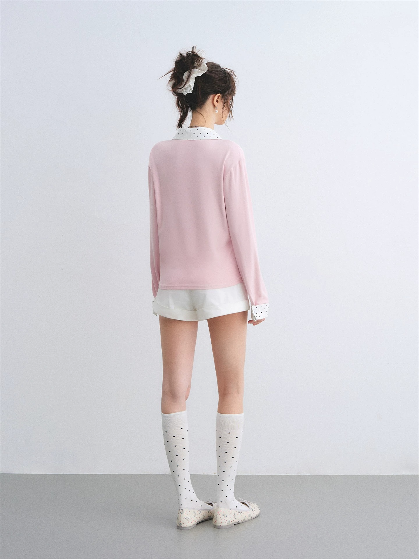Polka Dot Shirt Panel Faux-Layer Draped Collar Top
