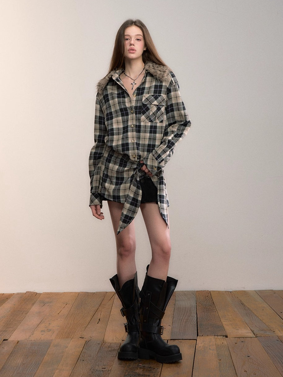 Plaid Detachable Fur Collar Two-Piece Shirt Set