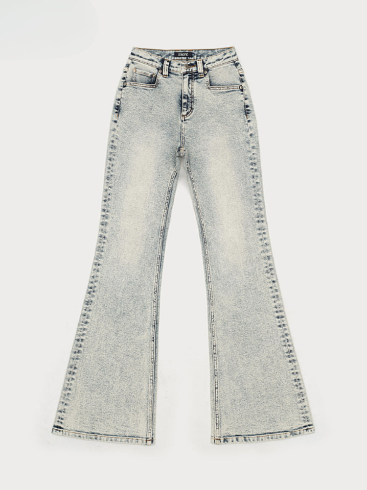 Retro Washed Elastic Flared Mid-Waist Long Pants