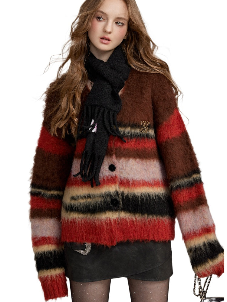 Brushed Colorblock Striped Knit Cardigan - CHINASQUAD