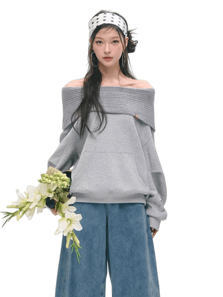 Off-Shoulder Panelled Relaxed Pullover Sweatshirt