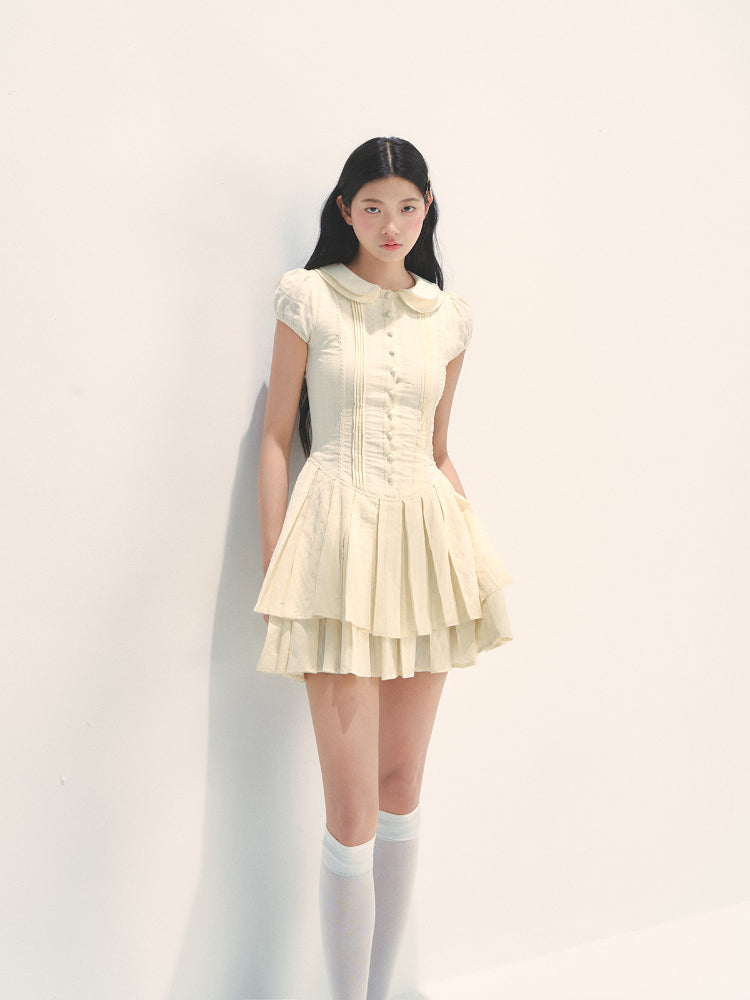 Doll Collar Waist-Cinched Pleated Shirt Dress - CHINASQUAD