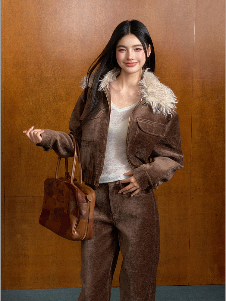 Vintage Brown Suede Jacket with Removable Fur Collar - CHINASQUAD
