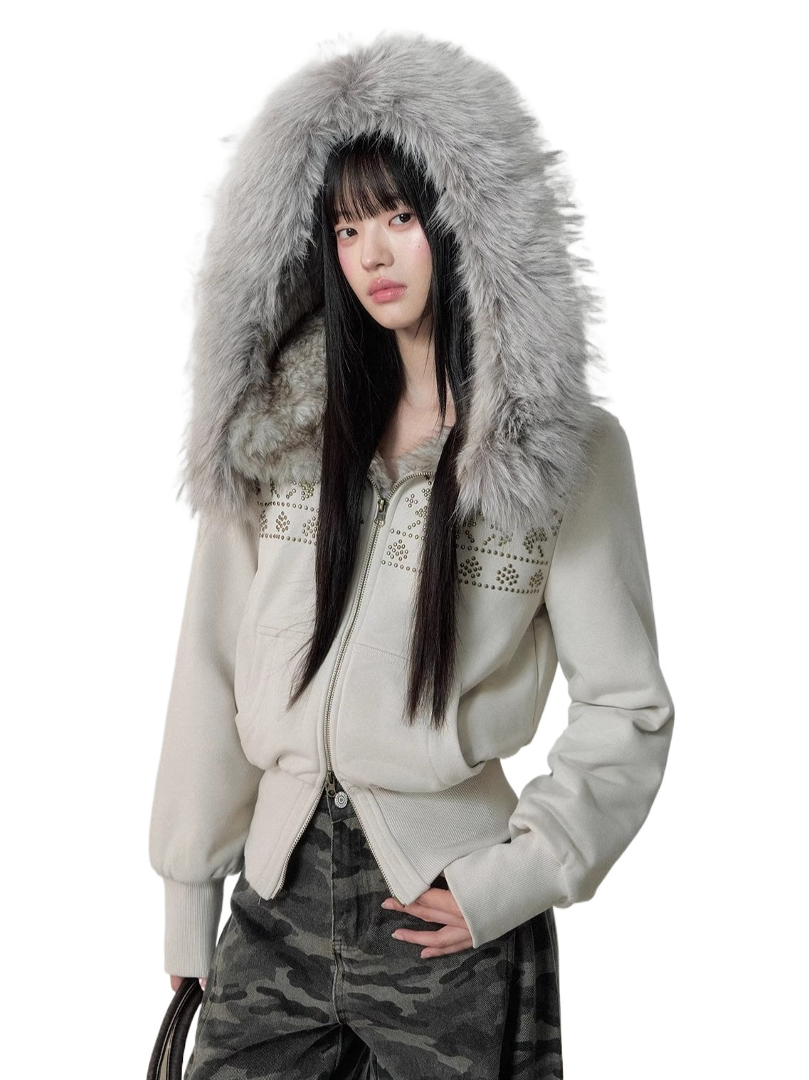 Vintage Rivet Embellished Fleece Hoodie Jacket