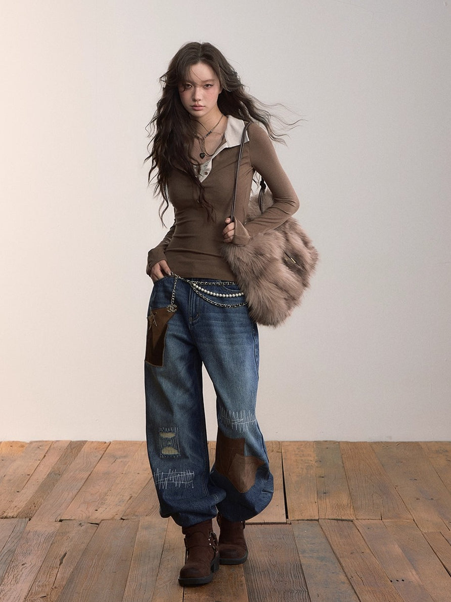 Nomad Patchwork Contrast Denim Jeans - CHINASQUAD