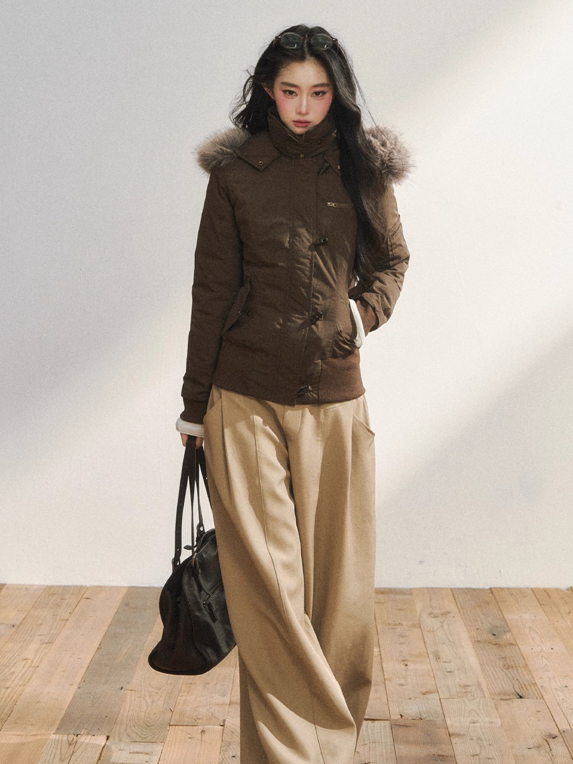 Two-Tone Faux Fur Collar Hooded Duffle Puffer Jacket