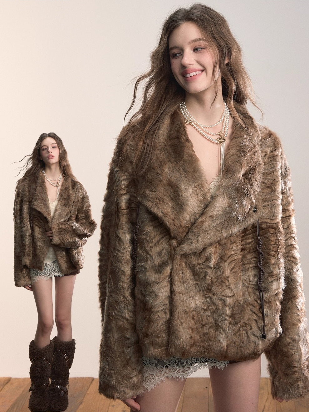 Textured Faux Fur Oversized Lapel Jacket