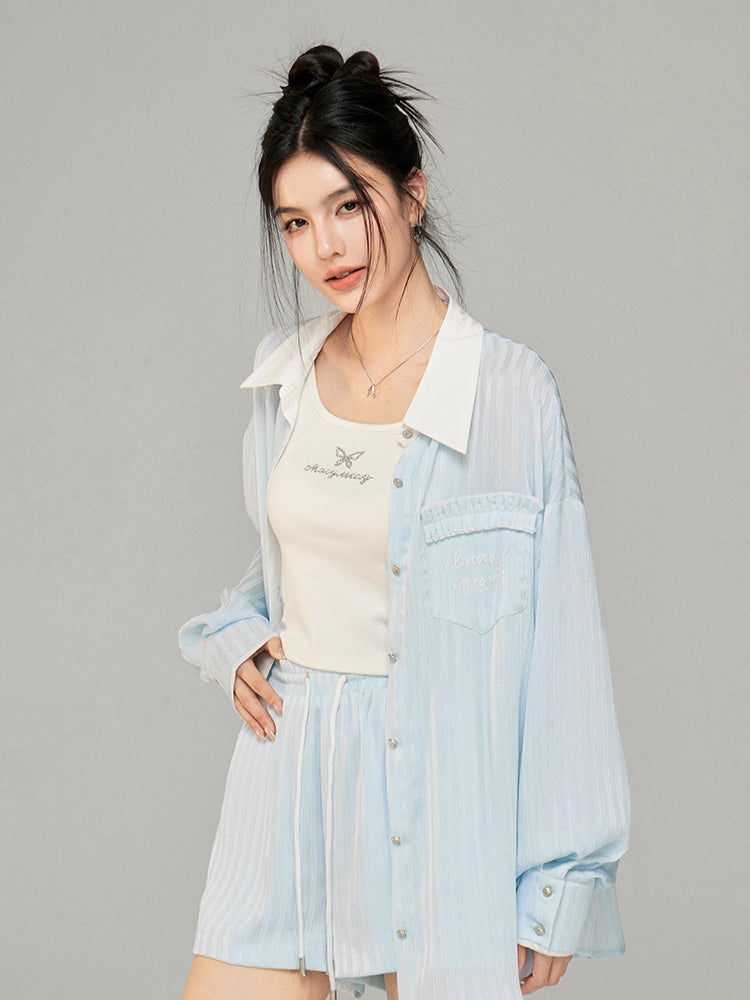 Color-block Shiny Silk Shirt & Shorts Set