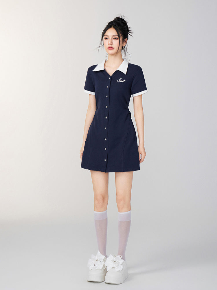 Color-Blocked Button-Up Waist Cinching Polo Dress - CHINASQUAD