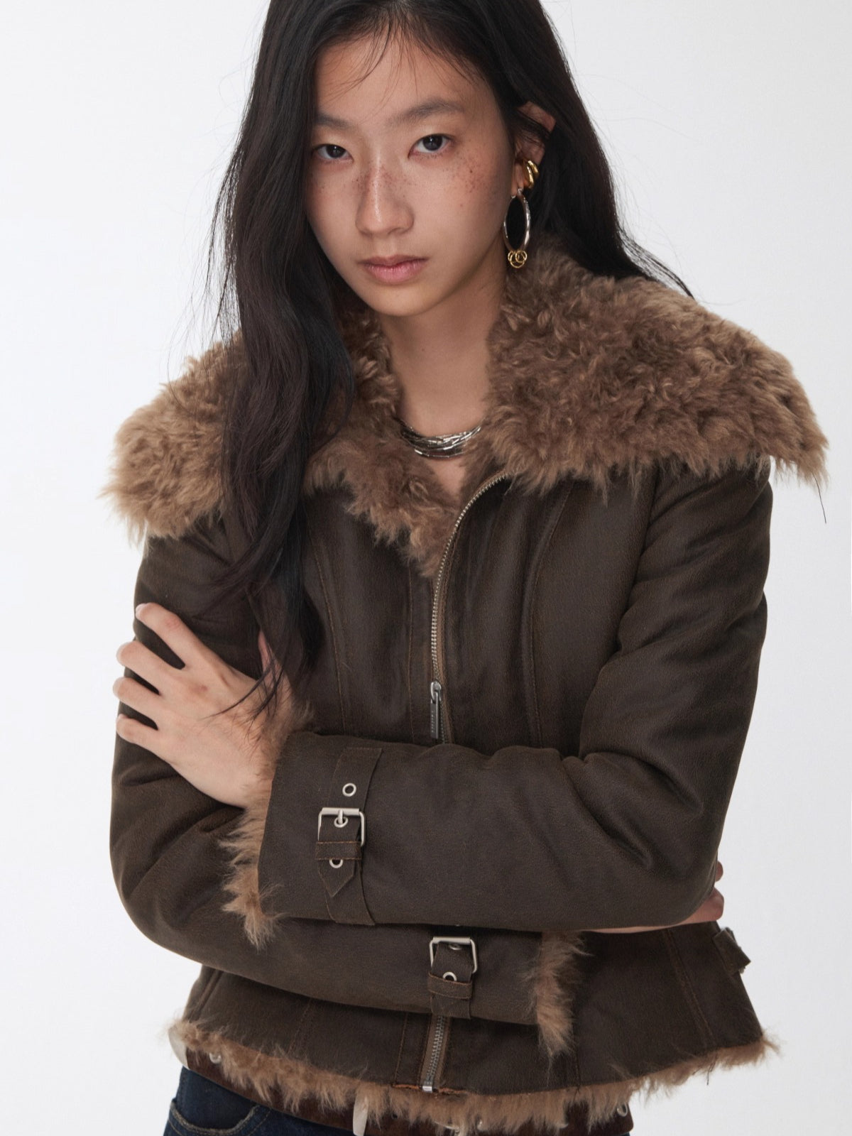 Faux Shearling-Lined Washed Leather Slim Jacket