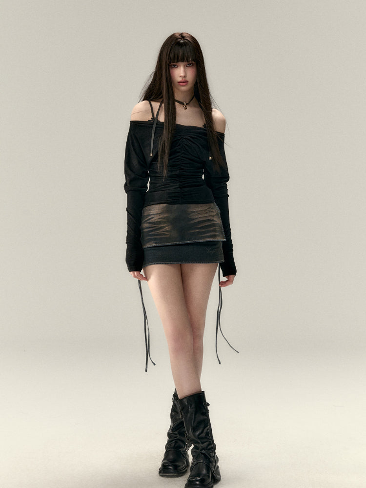 (Final Sale) Faux Two-Piece Tie Waist Denim Skirt - CHINASQUAD
